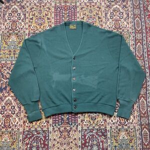 VTG 60s 70s JCPenney Sweater Acrylic Button Front V-Neck Cardigan Men's XL Green
